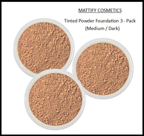 Matte foundation makeup for dark tan skin, by mattify cosmetics.  Long lasting mineral powder, oil-control matte foundation that looks natural. All natural and cruelty-free. Suitable for acne prone and oily skin. Pack of 3 jars. 