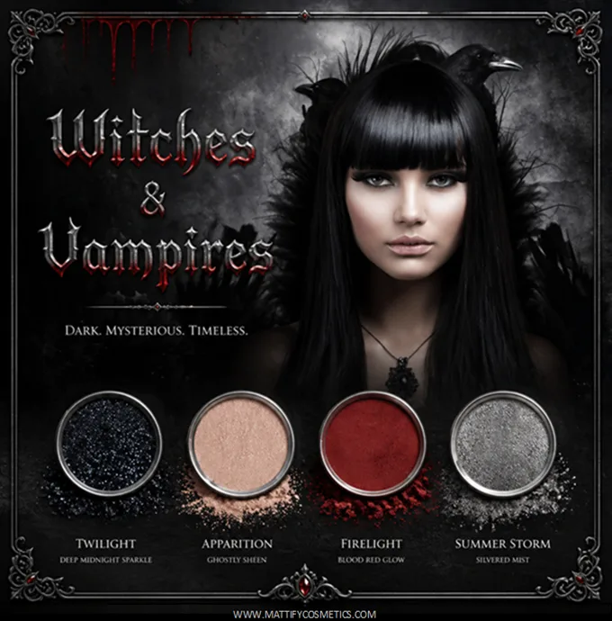 vampire makeup looks for halloween tutorial for witch costume vegan eyeshadow sparkly black platinum silver fake blood cosplay mattify cosmetics