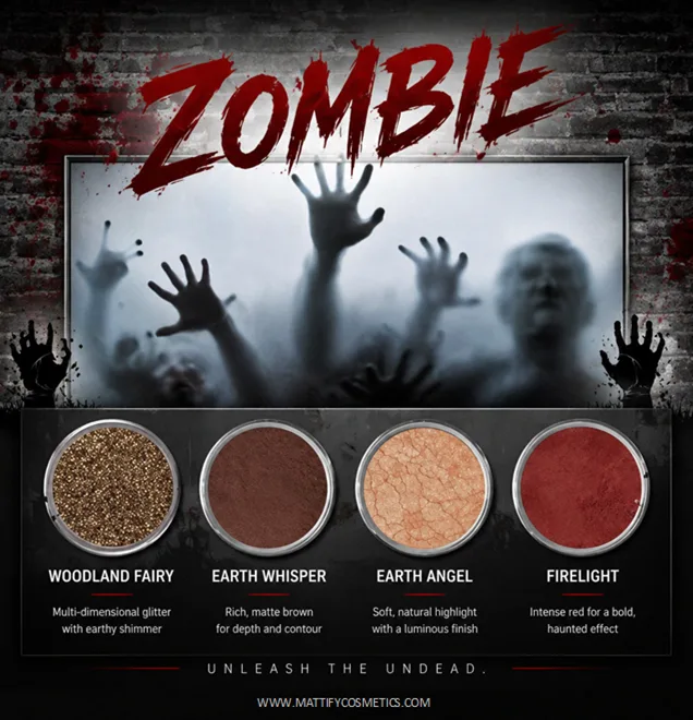 zombie makeup for halloween eyeshadow kit tutorial matte brown fake blood vegan costume makeup mattify cosmetics sparkly eye shadow