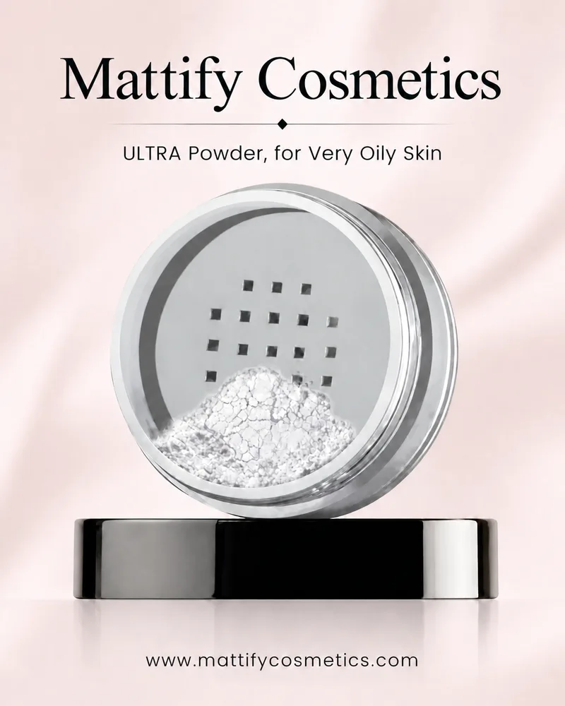 Ultimate mattifying oil-control face powder for very oily skin, by Mattify Cosmetics Vegan Makeup. Noncomedogenic primer and Transparent setting powder to stop oily skin.
