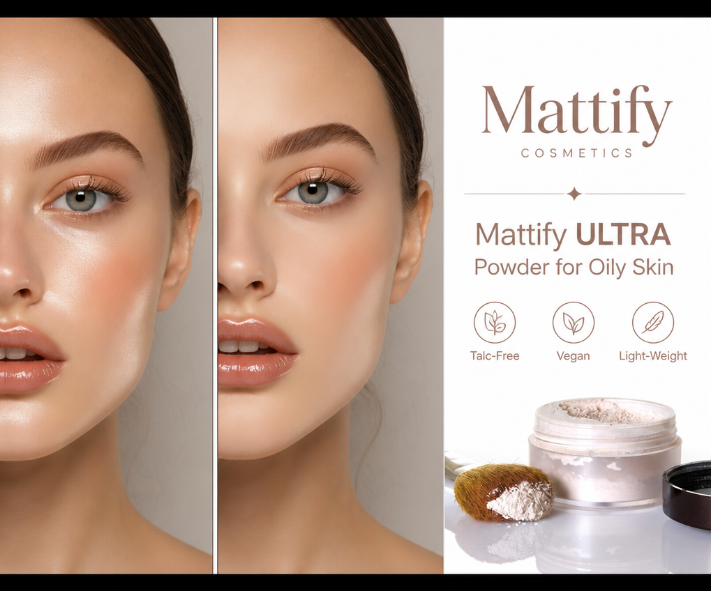 See the difference before and after Mattify Cosmetics ULTRA Powder for Oily Skin